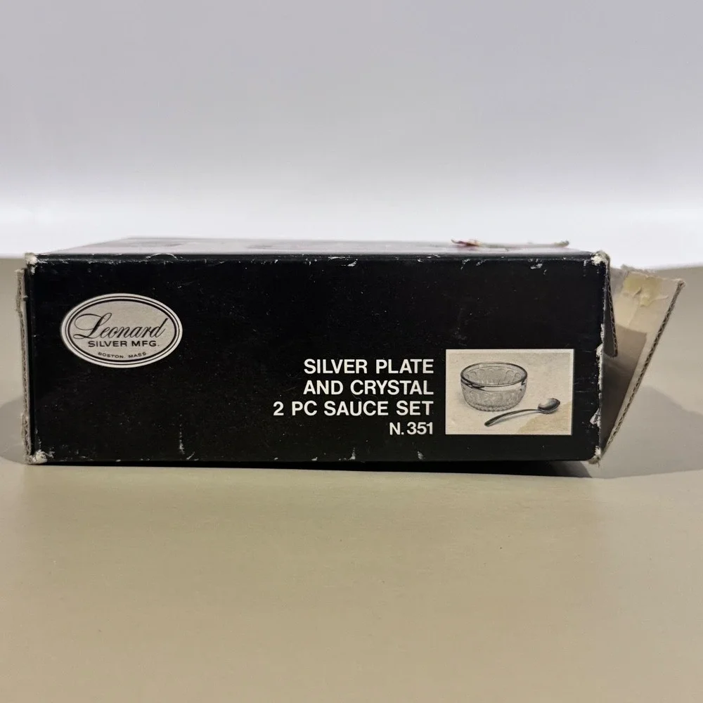 Vintage Leonard Silver Plate & Crystal Sauce Set in Original Box, No‎ Spoon